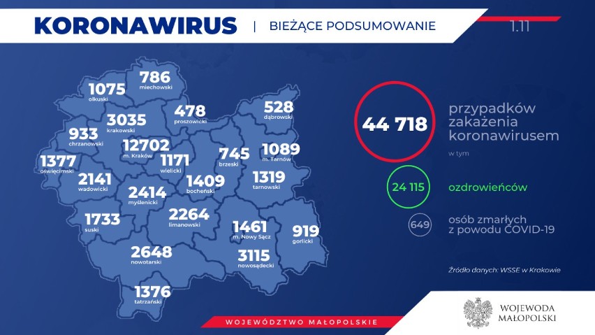 Koronawirus. Małe spadki zachorowań w Wadowicach. Śmiertelna ofiara w Olkuszu. Najspokojniej w Oświęcimiu [RAPORT 1 listopada]
