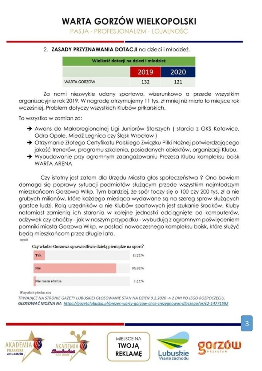 Więcej pieniędzy na piłkę nożną w Gorzowie? Warta wzywa do dyskusji o miejskiej dotacji na sport