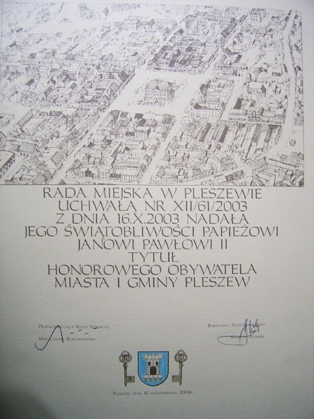 Akt Nadania Tytułu Honorowego Obywatela Pleszewa i Gminy