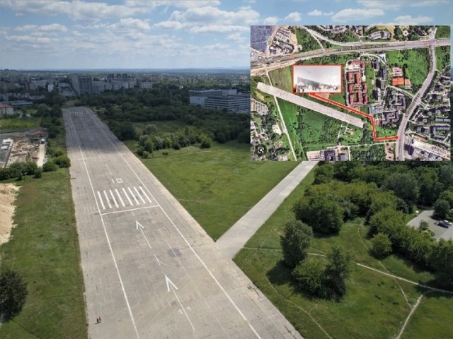 Na dużym zdjęciu pas startowy w Czyżynach, na mniejszym planowany przebieg drogi do Cogiteonu od ulicy Stella-Sawickiego