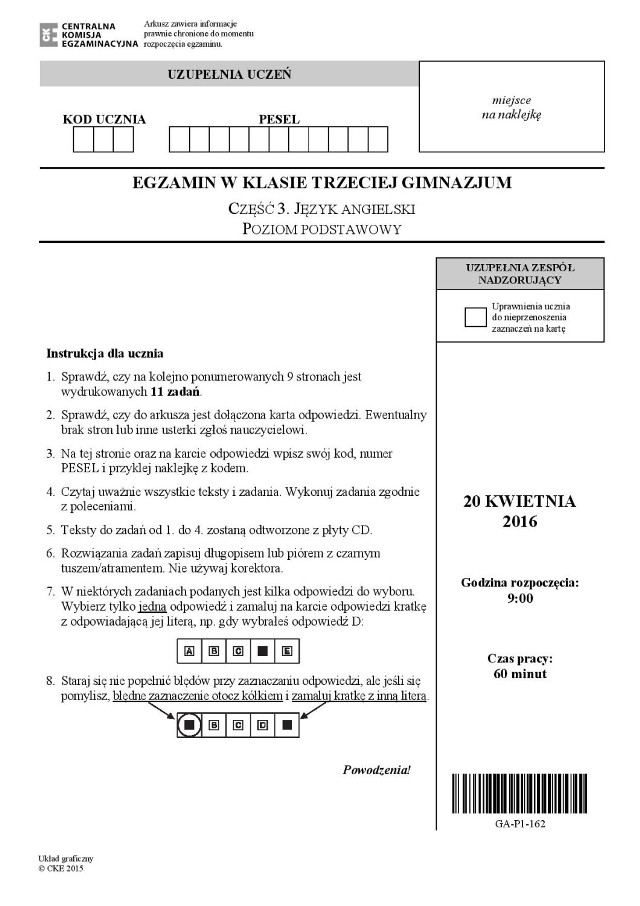 Egzamin gimnazjalny 2016: Angielski poziom podstawowy [ODPOWIEDZI, ARKUSZ CKE]