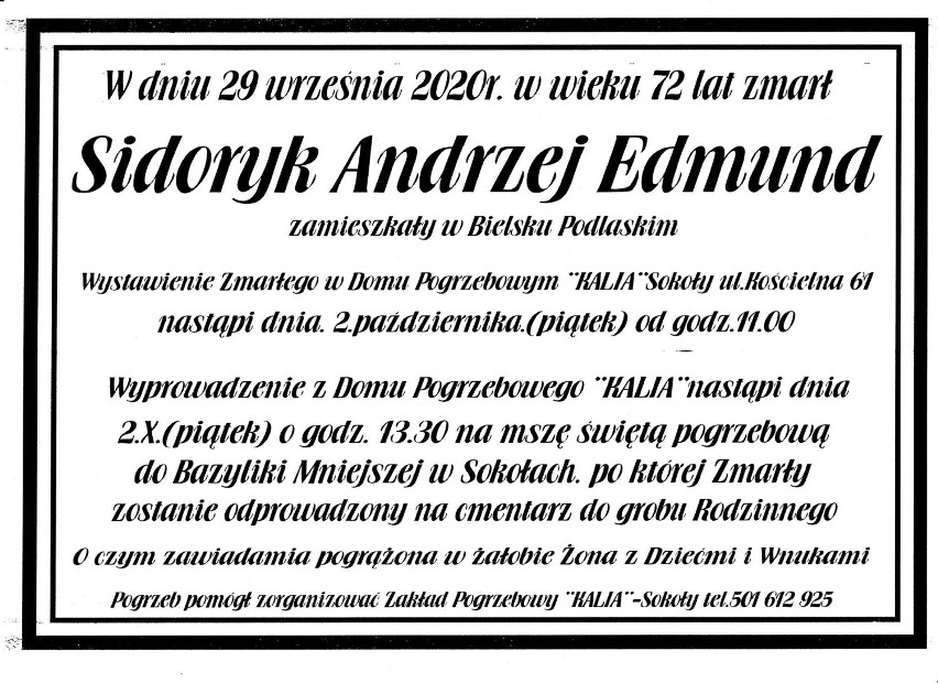 Pogrzeb Andrzeja Edmunda Sidoryka odbędzie się w Sokołach