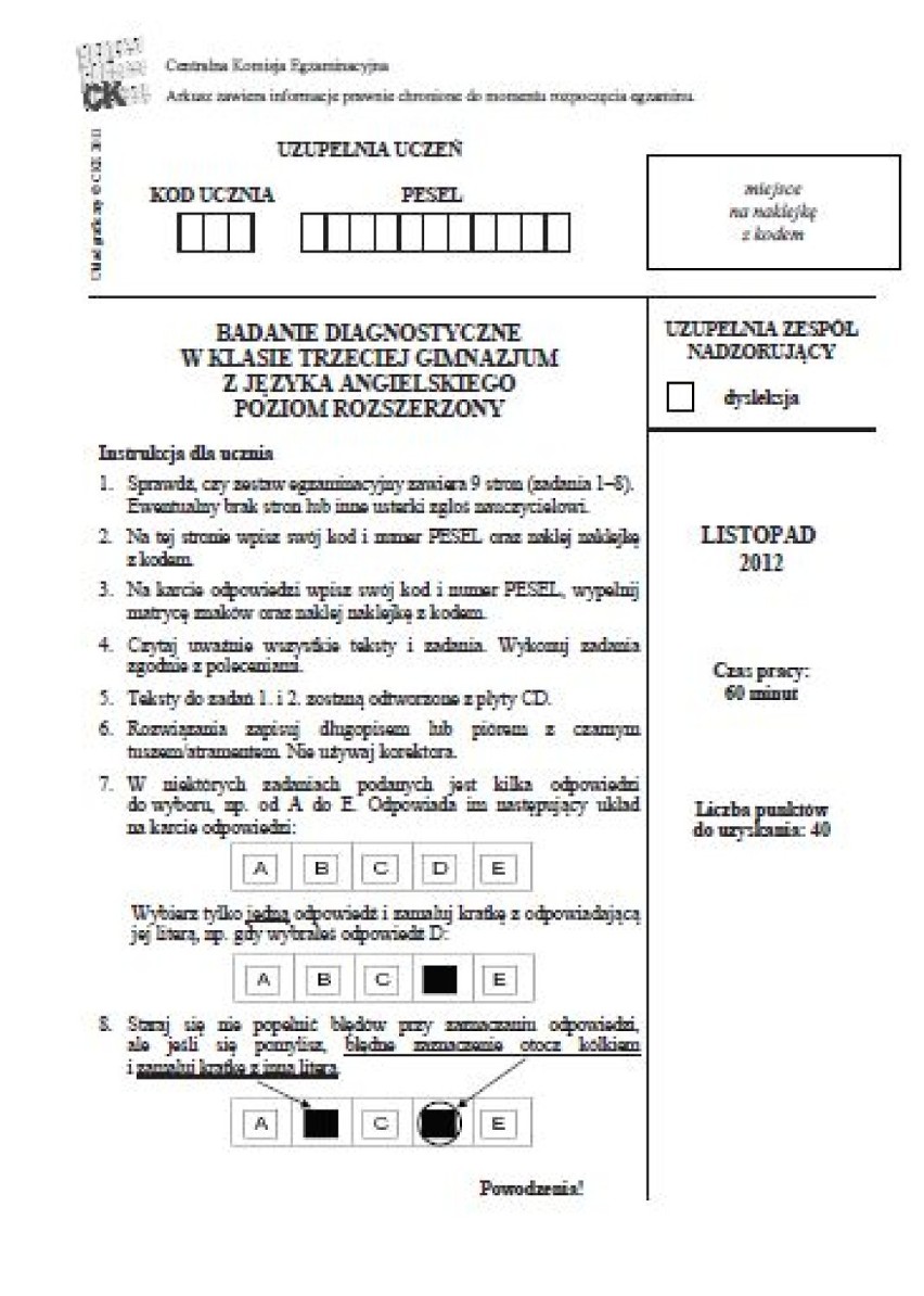 Angielski I Niemiecki: Egzamin Gimnazjalny 2014 Operon [Odpowiedzi, Arkusze]