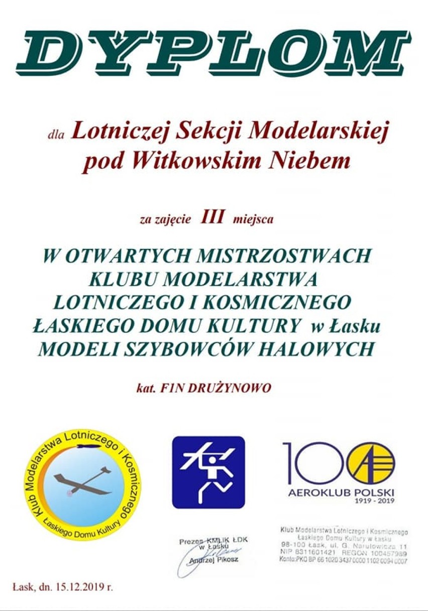 Witkowska Lotnicza Sekcja Modelarska z medalami na Ogólnopolskich Zawodach Modeli Halowych w Łasku