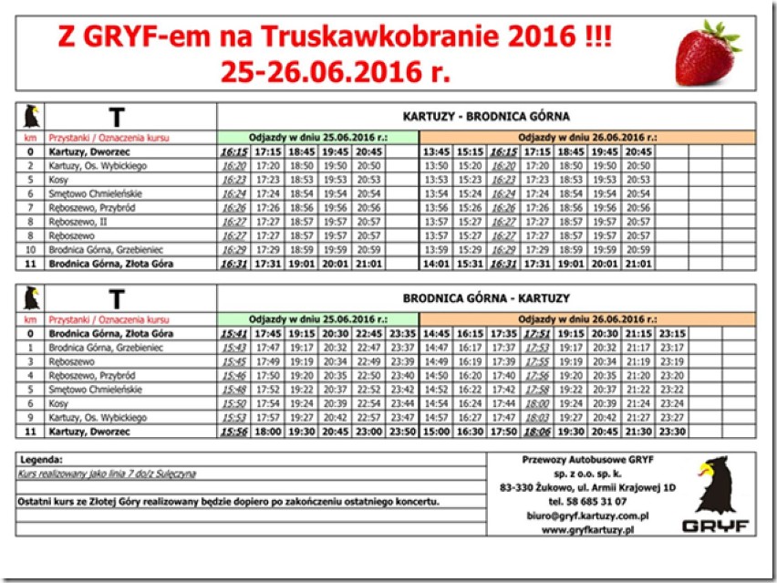 Truskawkobranie 2016 - rozkład jazdy P.A. Gryf