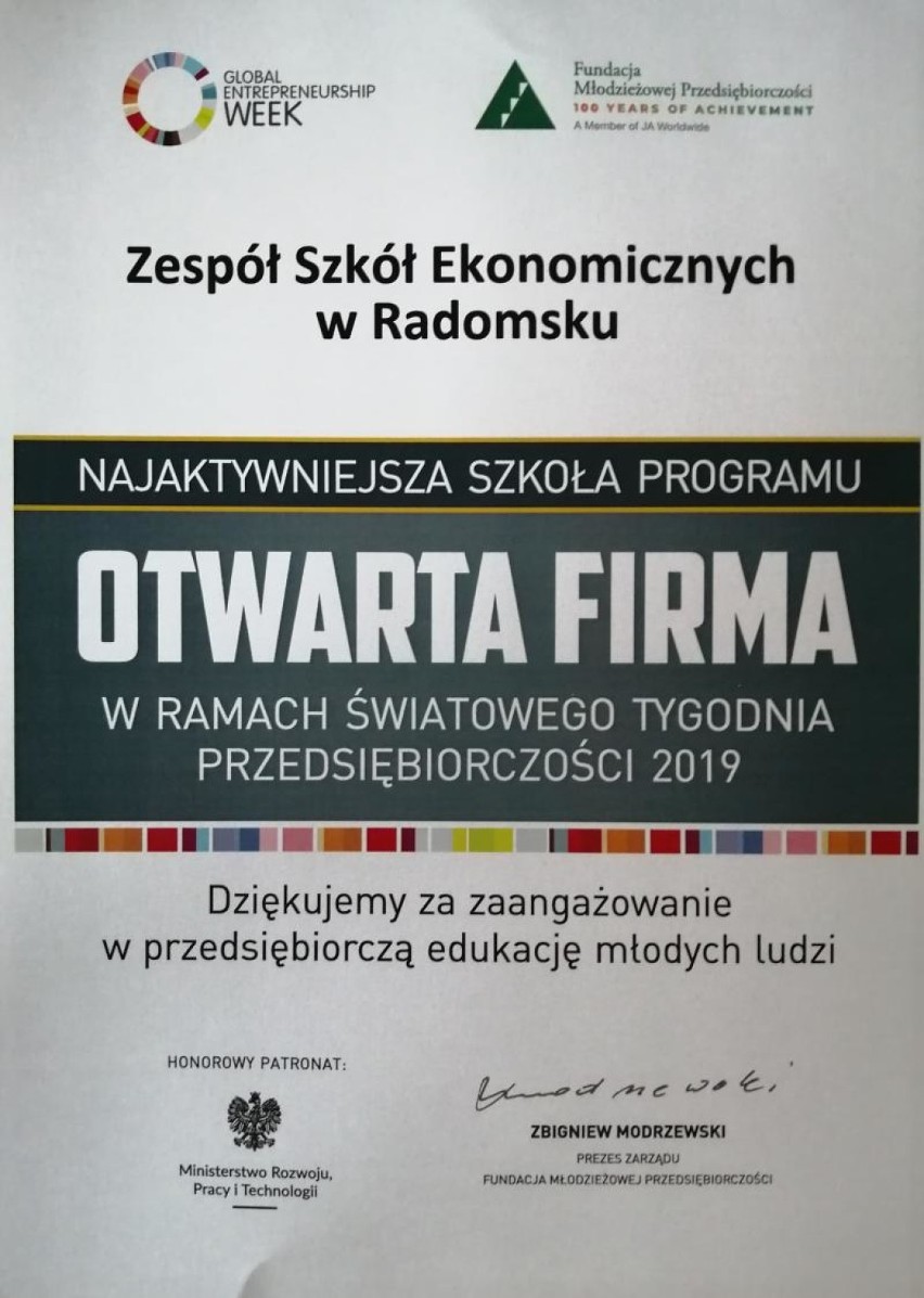 ZSE w Radomsku wśród najaktywniejszych szkół w Polsce w programie "Otwarta Firma"