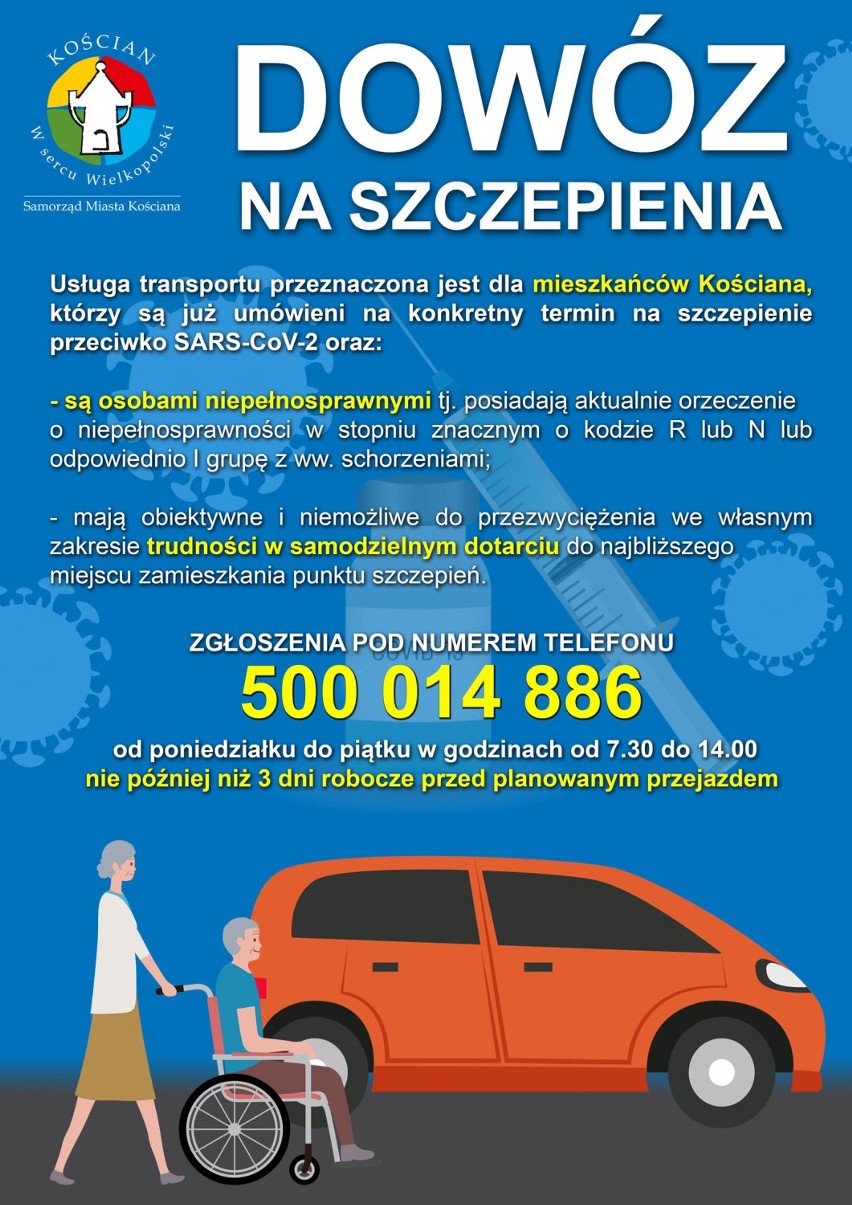 Transport dla mieszkańców Kościana mających trudności w dotarciu do punktu szczepień
