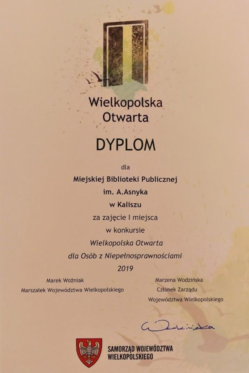 Miejska Biblioteka Publiczna w Kaliszu nagrodzona w Konkursie „Wielkopolska Otwarta dla Osób z Niepełnosprawnościami"