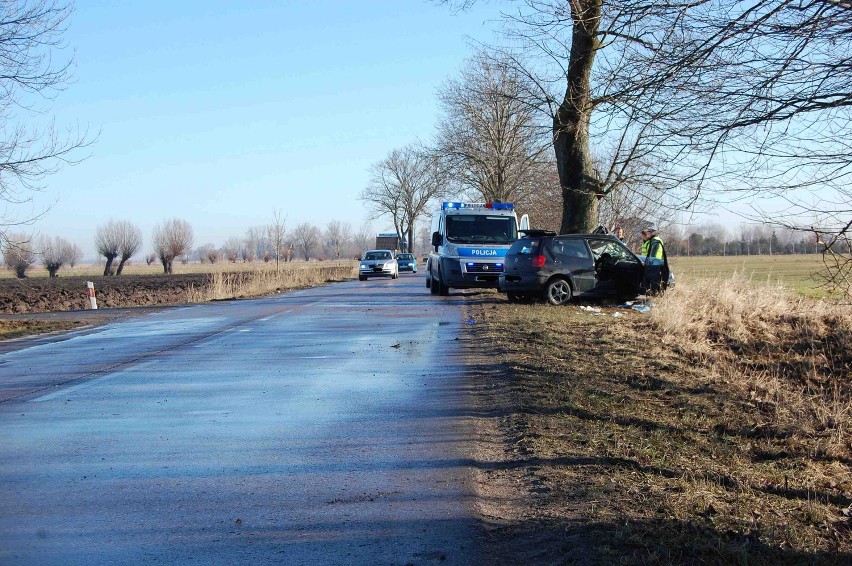 Orłowo. Osobowe auto wypadło z drogi i uderzyło w drzewo.