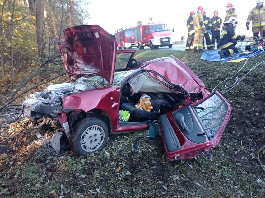 Wypadek na trasie Rakoniewice - Rostarzewo. Samochód osobowy rozbił się o drzewo