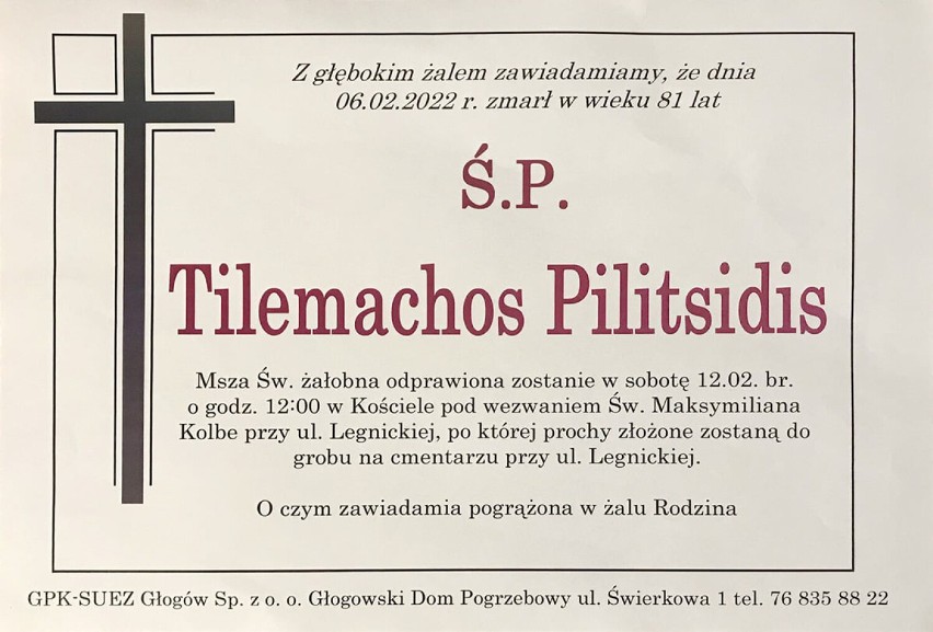 W sobotę, 12 lutego, pogrzeb Telemacha Pilitsidisa, głogowskiego artysty