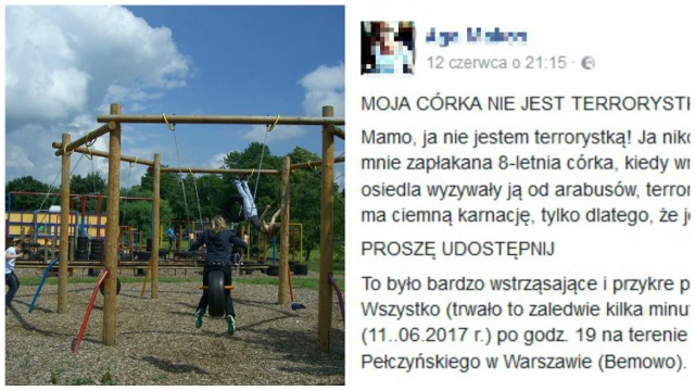 "Mamo, ja nie jestem terrorystką". Ośmiolatka wyzwana na placu zabaw