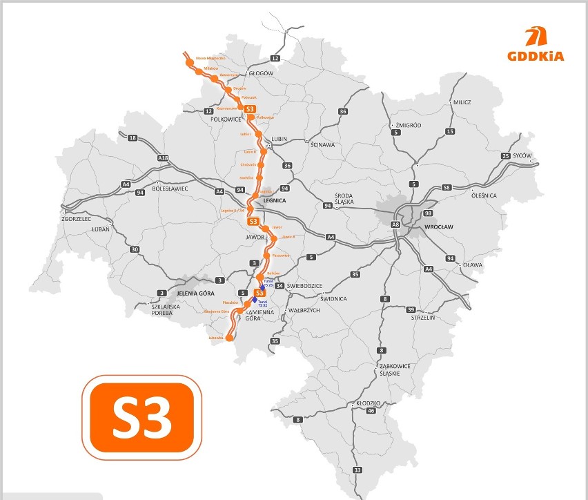 Przebieg drogi ekspresowej S3 na terenie Dolnego Śląska