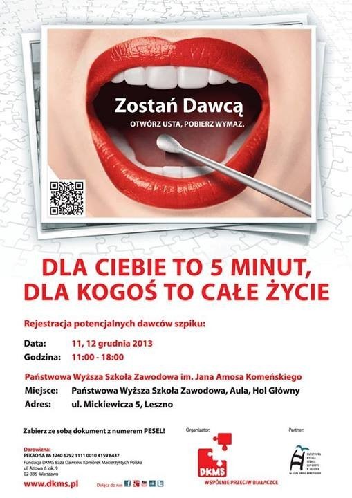 Państwowa Wyższa Szkoła Zawodowa w Lesznie w dniach 11 i 12 grudnia będzie otwarta dla osób, które chcą zarejestrować się w bazie dawców szpiku.
