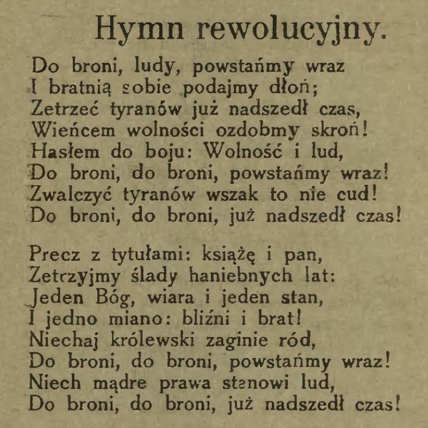Tak zwany Marsz Mierosławskiego – pieśń autorstwa dowódcy powstania (strona ze Śpiewnika rewolucyjnego PPS z 1920)