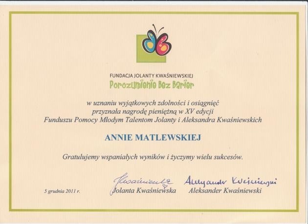 Ania Matlewska otrzymała stypendium fundacji &quot;Porozumienie bez barier&quot;