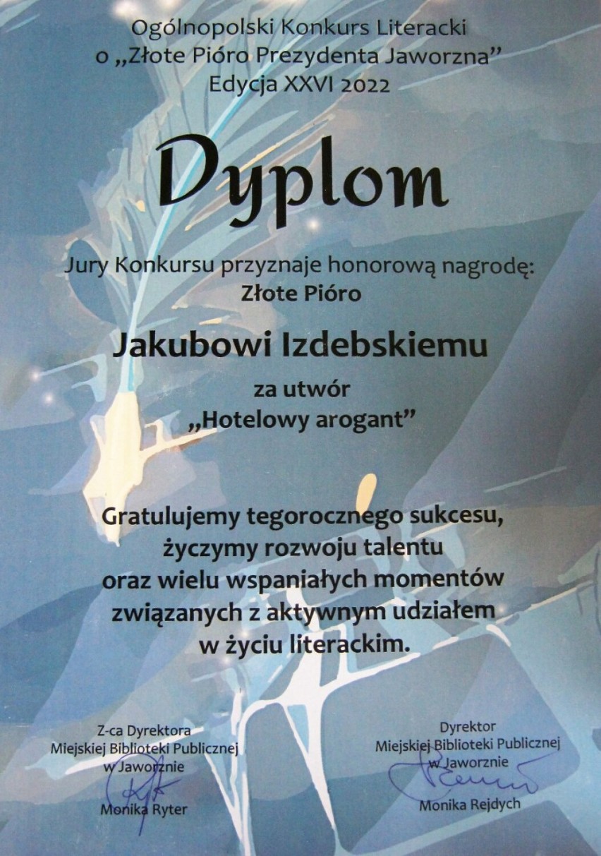 Tomaszowianin zdobył główną nagrodę w ogólnopolskim konkursie literackim "Złote Pióro"