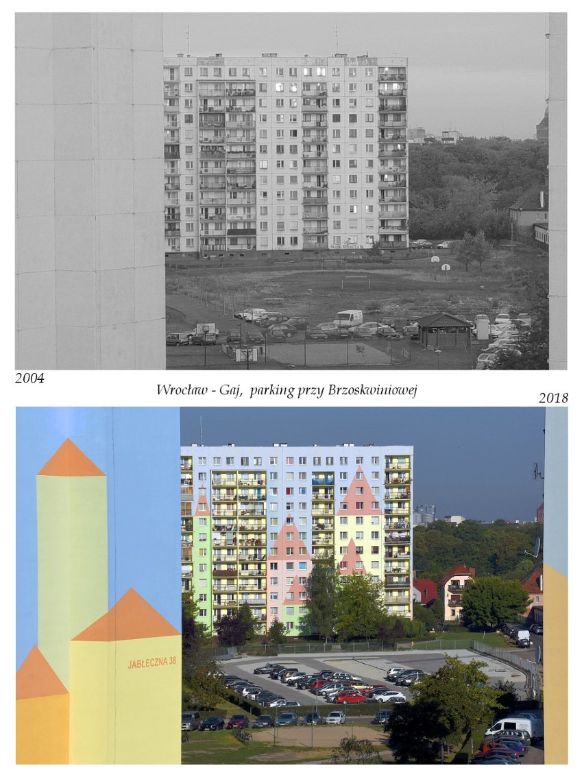 Parking przy ul. Brzoskwiniowej, rok 2004 i 2018