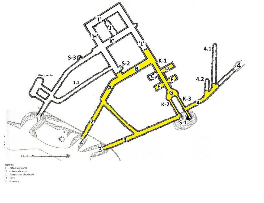 Mapa podziemnej trasy turystycznej pod zamkiem Książ