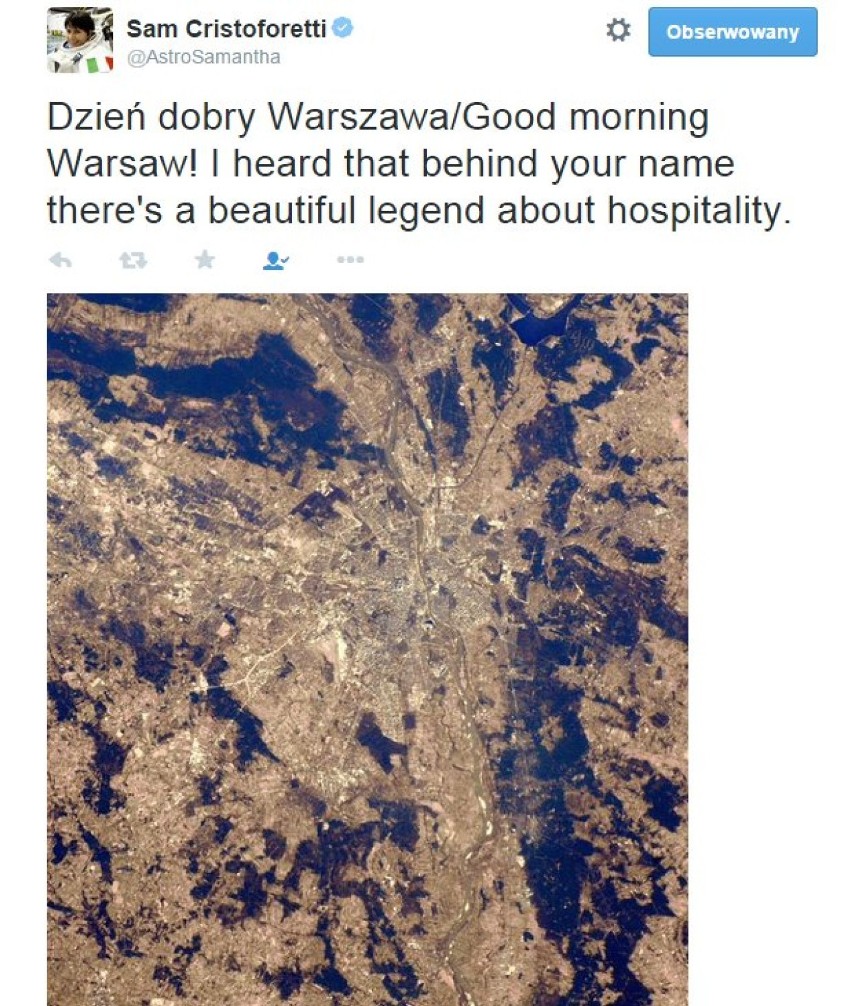 Warszawa widziana z kosmosu na zdjęciu astronautki z Włoch...