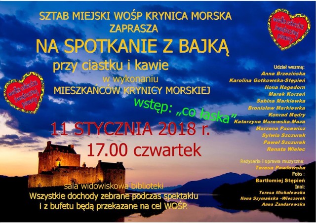 Krynica Morska. Miejski Sztab WOŚP Krynica Morska zaprasza w czwartek, 11 stycznia na spektakl „Spotkanie z bajką”. Zebrane fundusze wesprą konto fundacji Jerzego Owsiaka.