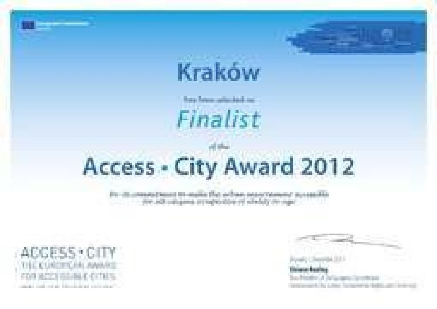 Dowód nadania nagrody dla Krakowa