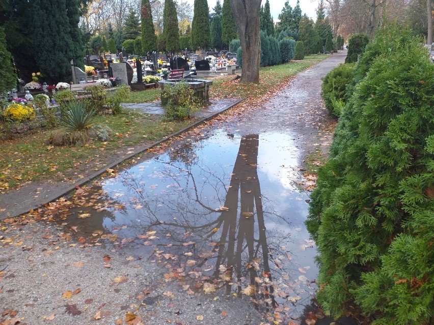 Na stargardzkim cmentarzu deszcz zalewa wejście od strony os. Letniego i przejścia. Zarządca: wymiana asfaltu na kostkę zależy od finansów