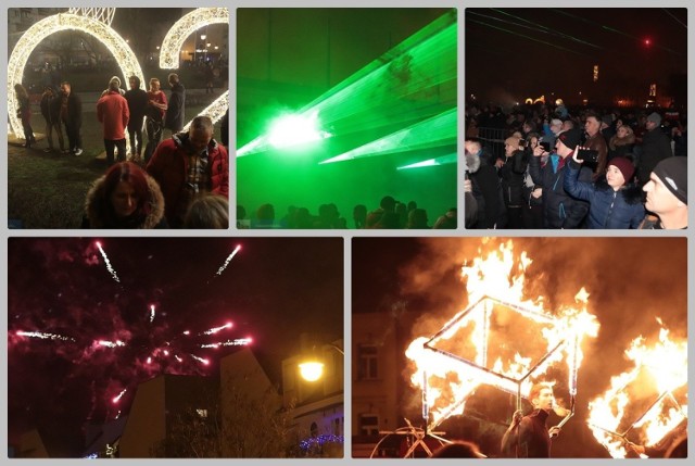 Powitanie Nowego Roku 2020 na Zielonym Rynku we Włocławku. Pół godziny przed północą rozpoczął się fire show, czyli pokaz z ogniem w roli głównej.
