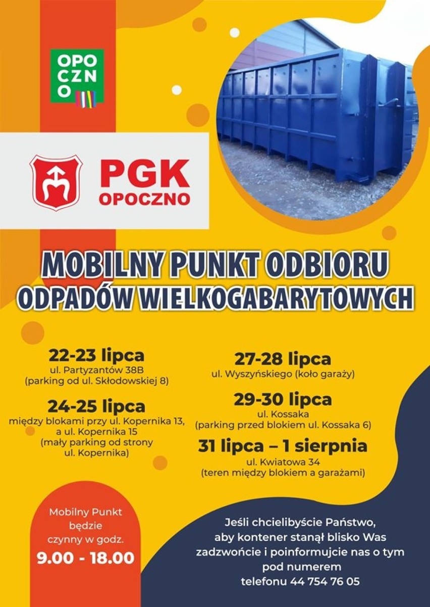 Mobilny punkt odbioru odpadów wielkogabarytowych stanie na kilku ulicach w Opocznie TERMINY, ULICE