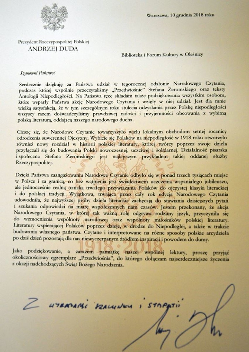 Oleśnica. Prezydent RP napisał do BiFK list  