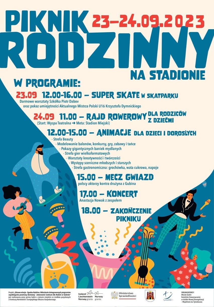 Plakat Pikniku Rodzinnego na stadionie w Gubinie.
