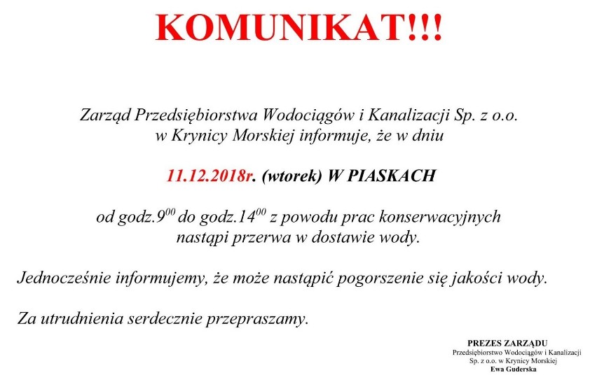 Powiat nowodworski. We wtorek 11 grudnia nastąpi przerwa w...