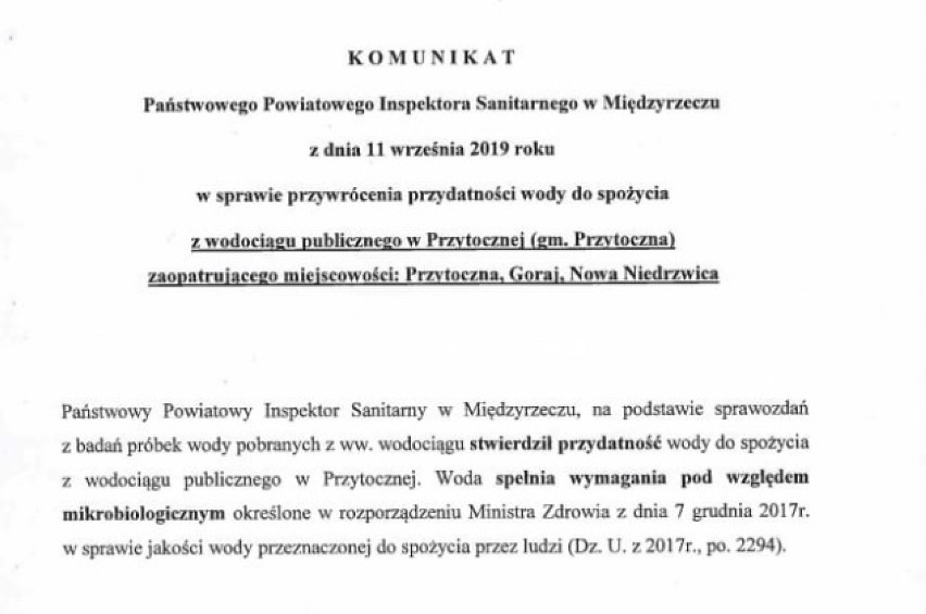 Dobre wieści z Przytocznej: woda już jest w porządku. Mieszkańcy od wielu dni nie mogli jej używać