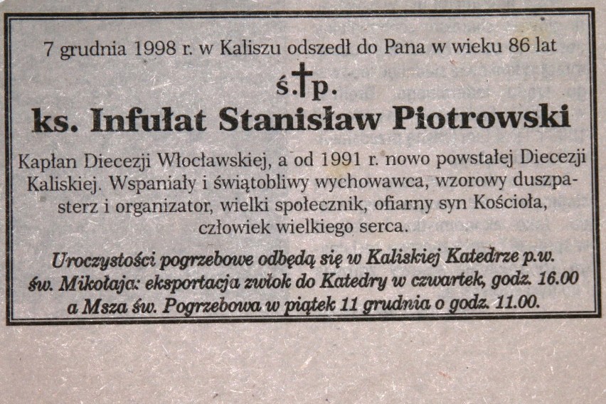 W piątek mija 20. rocznica śmierci ks. infułata Stanisława Piotrowskiego, Zasłużonego dla Miasta Kalisza