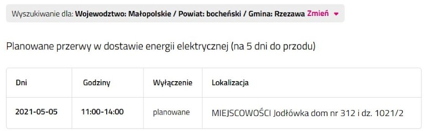 Wyłączenia prądu w powiecie bocheńskim i brzeskim, 4.05.2021