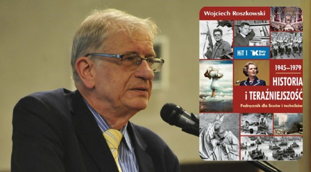Prof. Wojciech Roszkowski i okładka jego podręcznika, wydanego przez krakowskiego Białego Kruka
