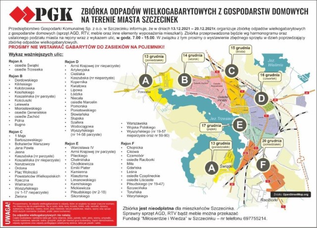 Mapka Szczecinka z zaznaczonymi rejonami i datami wywozu gratów