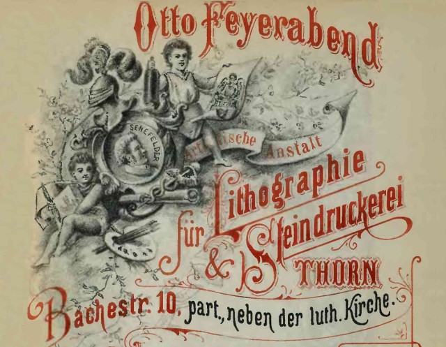 Reklama Feyerabenda z toruńskiej księgi adresowej wydanej w 1892 roku. Litograf urzędował wtedy przy Strumykowej.