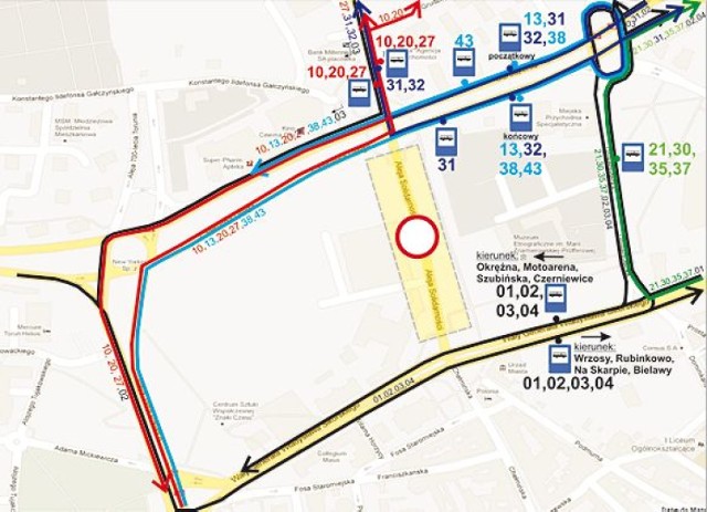 Mapka pokazująca objazdy w centrum Torunia