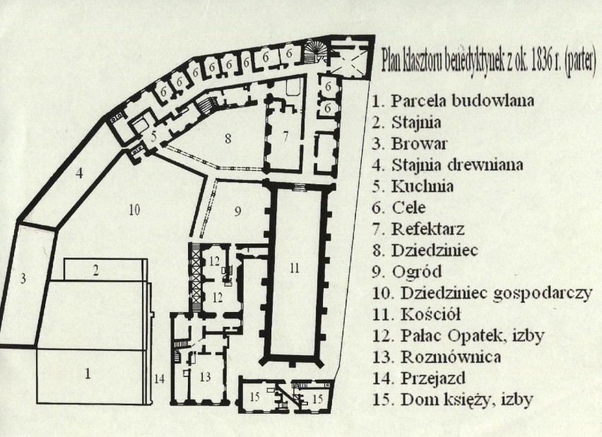 106. Plan klasztoru benedyktynek z 1836 r. Transkrypcja w j. polskim, M. Żebrowski.