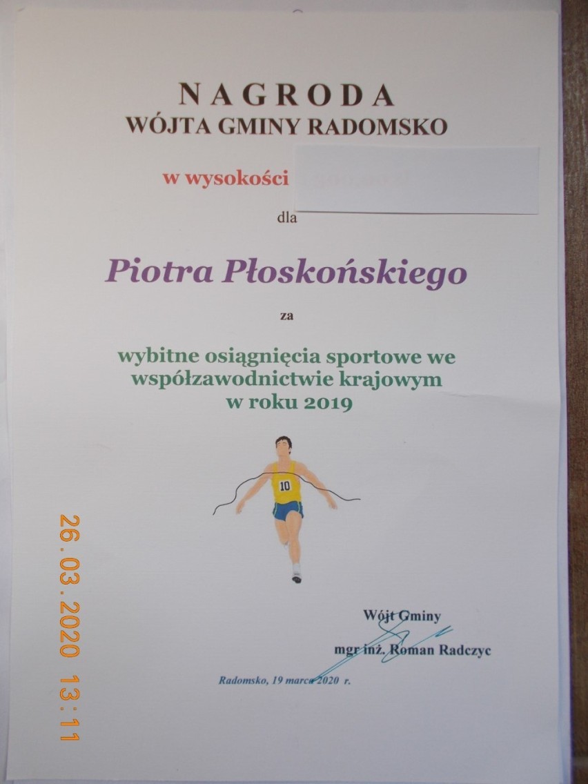 Piotr Płoskoński, biegacz spod Radomska otrzymał nagrodę wójta gminy Radomsko