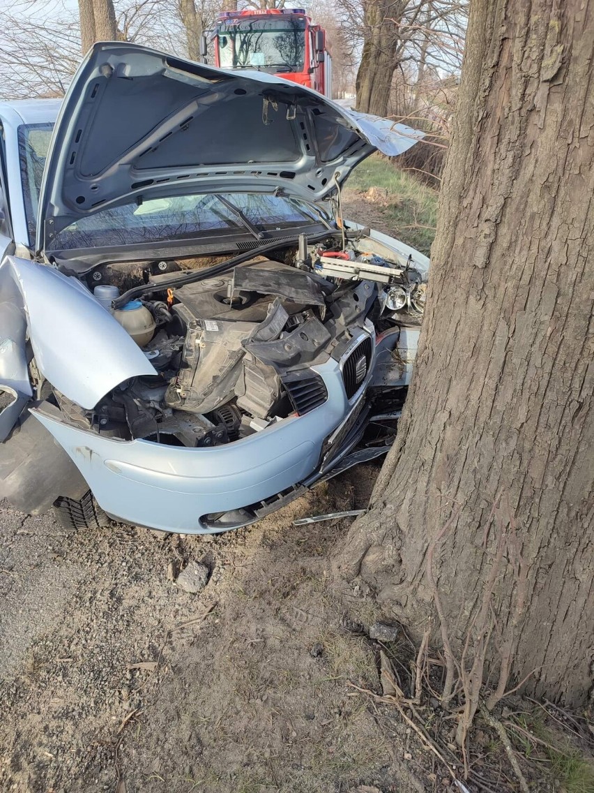 Wypadek na drodze nr 221 w Nowej Karczmie. Samochód osobowy uderzył w drzewo. Ranna kobieta w ciąży