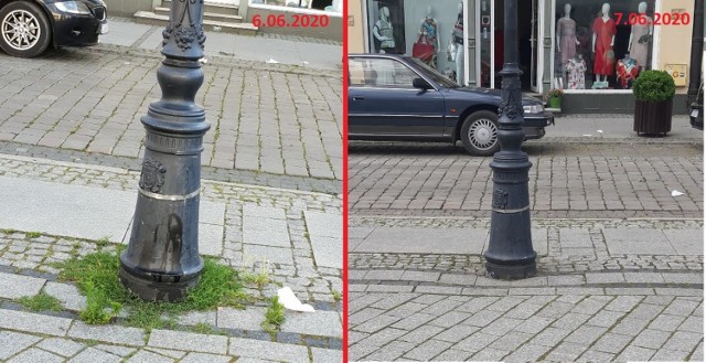 Rynek w Inowrocławiu przed i po usuwaniu chwastów