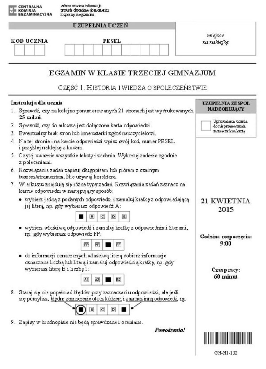 ARKUSZE I ODPOWIEDZI Egzamin gimnazjalny 2015 (część humanistyczna)