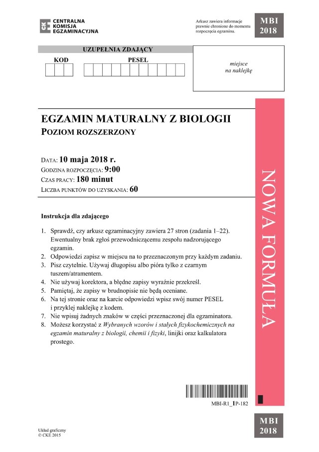 Matura 2018 biologia rozszerzona ARKUSZE CKE, PYTANIA, ODPOWIEDZI