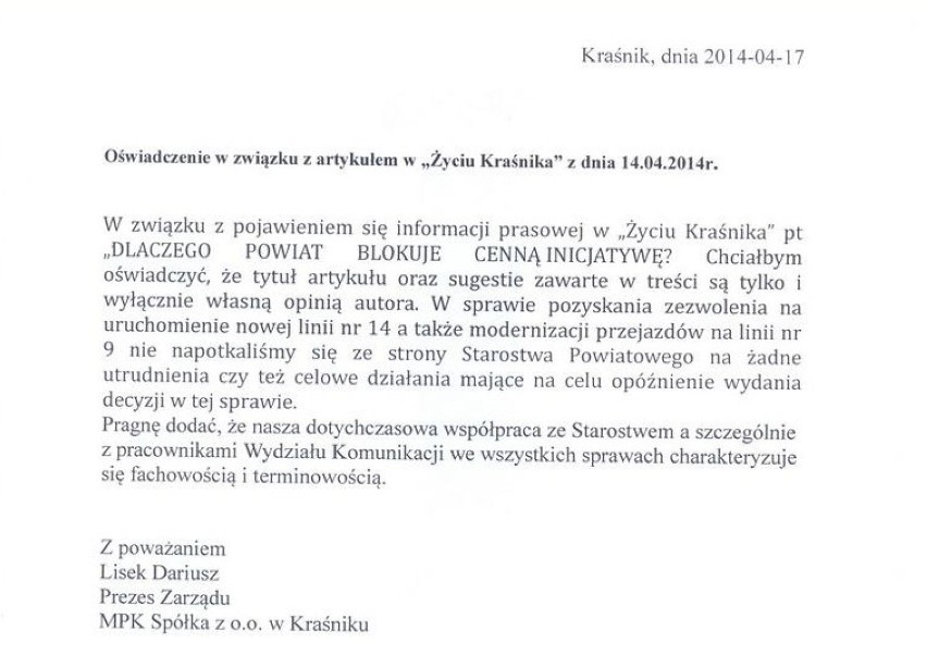 Miejska gazeta w Kraśniku: "Powiat blokuje cenną inicjatywę MPK". Prezes spółki: To nieprawda