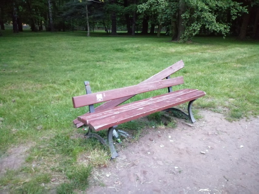 Park Miejski w Kaliszu. Wiele ławek wymaga naprawy lub...