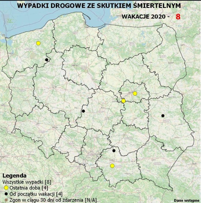 Na mapie można sprawdzić, ile wypadków śmiertelnych wydarzyło się w całej Polsce.