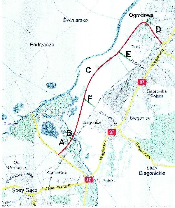 Planowany przebieg alternatywnej trasy wylotowej z Nowego do Starego Sącza. Objaśnienie mapy:
A - część starosądecka nowej drogi (550 metrów) 
B - most na Popradzie (150 metrów)
C - obwodnica ul. Węgierskiej - od Popradu do ulicy Radzieckiej (3900 metrów) 
D - połączenie z ulicą Piramowicza (850 metrów)
E - połączenie z ul. Dąbrówki (600 metrów)
F - połączenie z ul. Towarową (800 metrów)
