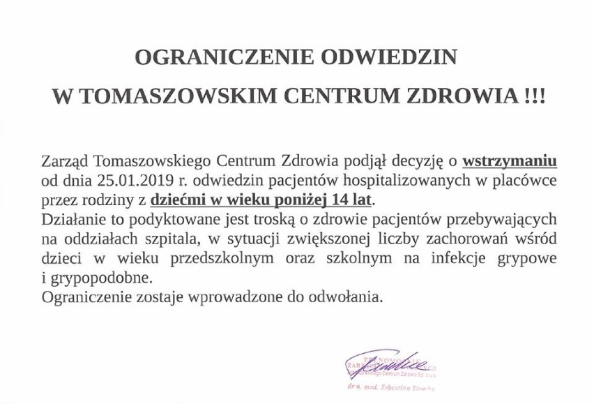 Ze względu na panującą grypę szpital w  Tomaszowie Maz. wprowadza ograniczenia odwiedzin